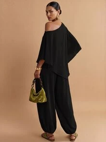 Zivah Women's Summer Solid Color Asymmetrical Shoulder Asymmetrical Hem Top And Jogger Pants Casual Set - Black - View 2