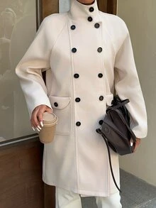 FavEase Women's Wool Blend Casual Commute Double-Breasted Solid Color Coat - Apricot - View 8