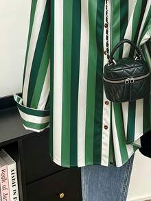 Franclia 大尺碼彩色條紋休閒梭織長袖襯衫，秋冬款 - 綠色 - 查看 4
