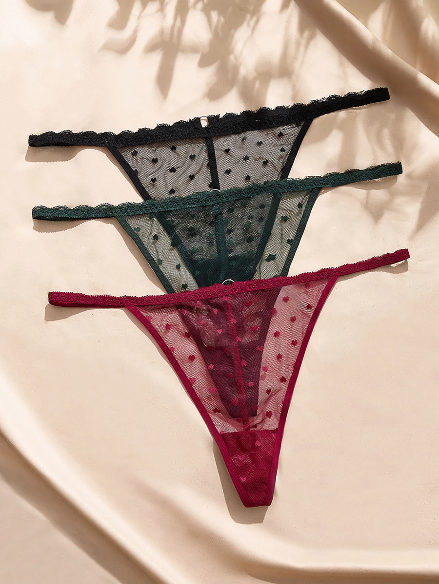 Charlaine Plus Size Women's 3 PiecesHeart Mesh Cotton Crotch Back Single Strap Thong - Multicolor - View 1