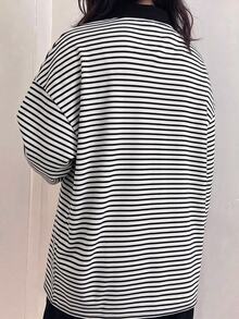 SHEIN Plus Size Women's Striped Casual Elegant Versatile Daily Wear Long Sleeve Sweatshirt Graduation Club Vacation Formal Black And White Fall - Multicolor - View 2