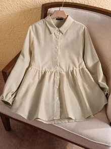 Rusticease 大尺碼女款冬季休閒條紋燈籠袖襯衫，夏季衣著，度假穿搭 - 卡其色 - 查看 3