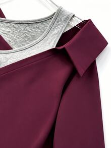 GlowEve CURVE Women's Casual Soft Form Patchwork Contrast Color Asymmetrical Collar Long Sleeve Shirt Office Formal Burgundy Grey Autumn - Burgundy - View 6