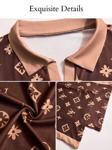 SOLERSUN Two Pieces Set Of Brown Printed Short-Sleeved Polo Shirt And Trousers With Contrasting Color Collar. Going Out Summer Streetwear Graphic - Coffee Brown - View 9