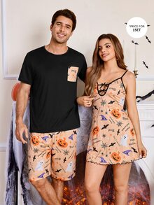CoupledUp Halloween Print Casual Short Sleeve Shorts Pajama Set For Men - Black - View 1