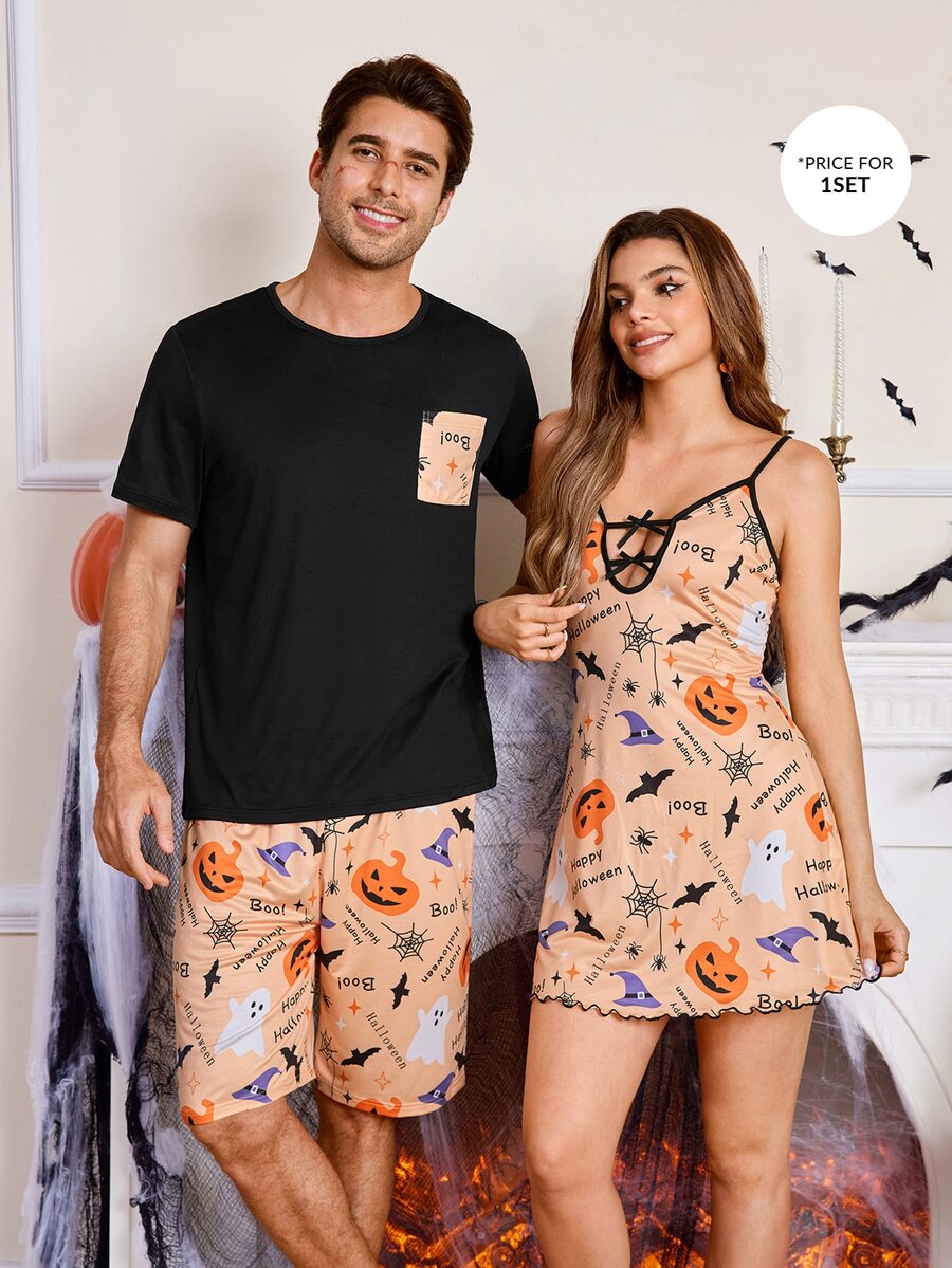 CoupledUp Halloween Print Casual Short Sleeve Shorts Pajama Set For Men - Black - View 1