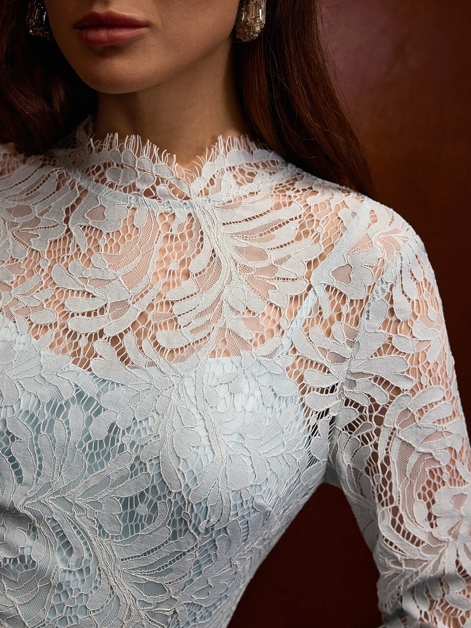 MOTF LACE STAND COLLAR FLARED LONG SLEEVE SHORT DRESS