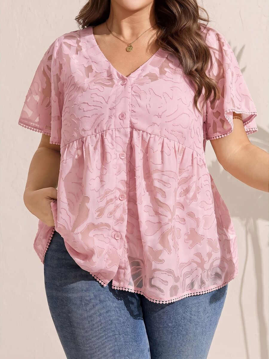 Comfylo Plus Size Vacation Casual Solid Color Cut-Out Shirt - Dusty Pink - View 1