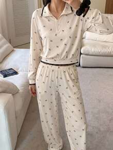 DAZY 2pcs/Set Women's Pajama Set, Lace Patchwork Bow Full Print Pattern Half-Open Neckline Pullover Long Sleeve Top And Straight Leg Long Pants Fall - Beige - View 3
