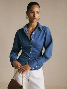 Poéselle Women's Fashion Single-Breasted Cinched Waist Long Sleeve Denim Top - Medium Wash - View 9