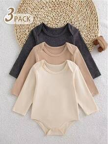 SHEIN Vintaside Kids 3件組男嬰長袖連身衣，親膚柔軟保暖，簡約百搭，穿脫方便，貼合嬰兒身形，不限制活動，適合疊穿與日常外出 - 彩色 - 查看 2
