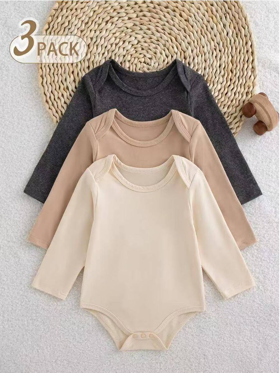 SHEIN Vintaside Kids 3件組男嬰長袖連身衣，親膚柔軟保暖，簡約百搭，穿脫方便，貼合嬰兒身形，不限制活動，適合疊穿與日常外出