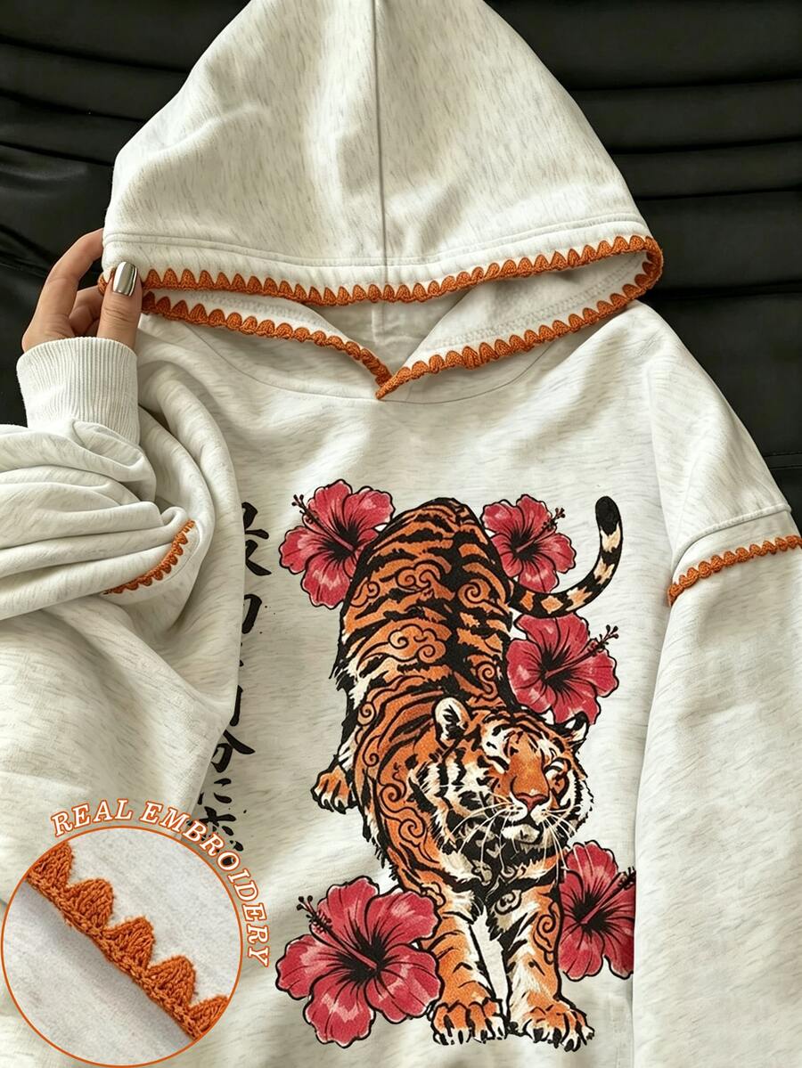 Resyla 女款白色虎紋花卉圖案運動衫,復古亞洲風秋季上衣,休閒街頭風日常穿搭,送給朋友的禮物 - 灰色 - 查看 1