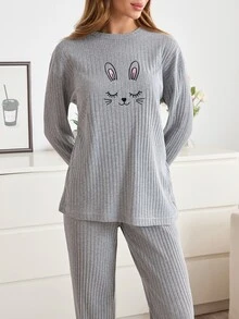 SHEIN Sleepy Bunny Graphic Rib Knit Lounge Set - Beige - View 4