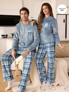 CoupledUp طقم بيجامة رجالي من الفلانيل بنقشة مربعات، أكمام طويلة وبنطال طويل مريح - الأزرق - مشاهدة 1