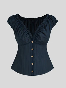 Sweetra Plus Size Casual Solid Color Pleated Shirt - Royal Blue - View 1