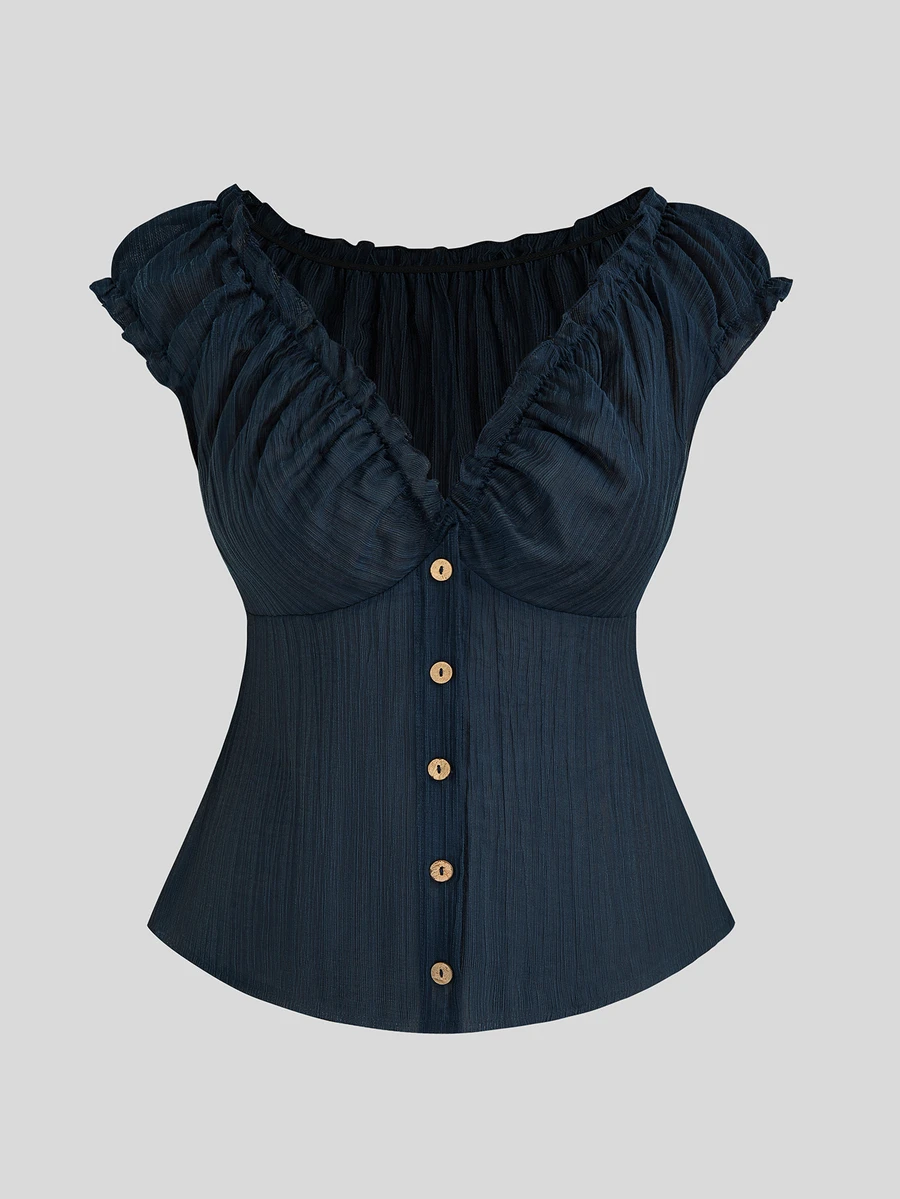 Sweetra Plus Size Casual Solid Color Pleated Shirt - Royal Blue - View 1