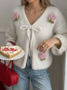 Livesso Women's Sweet Sequin 3D Flower Decor Knitted Cardigan Fall - White - View 7