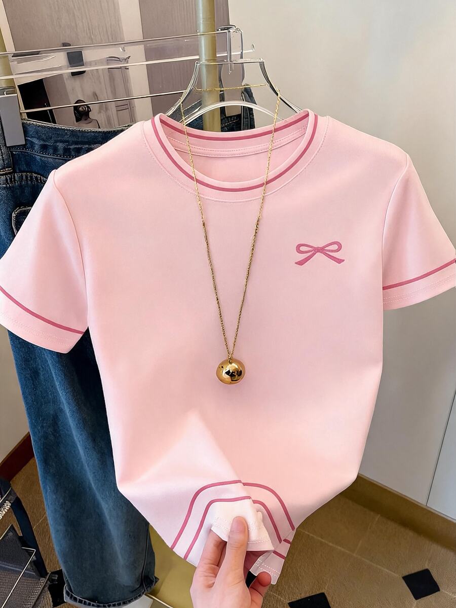 青少年女孩休閒簡約短袖圓領T恤，適合夏季 - 彩色 - 查看 1