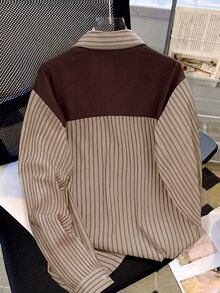 INAWLY 女款條紋長袖單排扣休閒口袋襯衫 - 咖啡棕 - 查看 2
