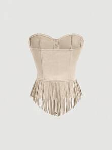 SHEIN MOD 女款純色前扣式流蘇下擺抹胸上衣 - 卡其色 - 查看 2