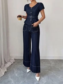 Elenzga Atasan Denim Wanita Elegan dengan Hiasan Ruffle dan Sabuk Pinggang - Dark Wash - View 4