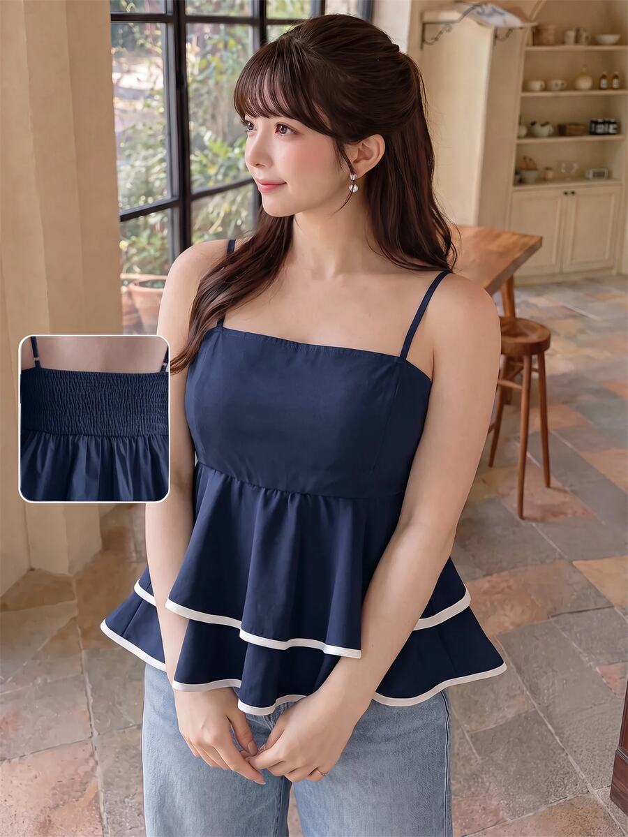 Bijouette 休閒優雅度假風純色梭織大尺碼細肩帶上衣,適合約會、早午餐、早茶、約會之夜與正式場合,海軍藍夏季款 - 藏蓝色 - 查看 1