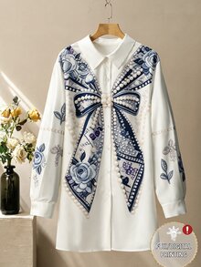 Seusyu 女款領口長袖蝴蝶結印花休閒日常寬鬆大尺碼兩件套 - 藏蓝色 - 查看 5