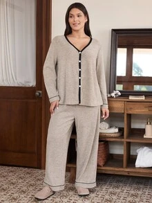 Doze Lane Casual Elegant Tropical Ribbed Contrast Trim Open Front V-Neck Long Sleeve Pants Plus Size Pajama Set Sleep Night Gray White Autumn - Khaki - View 1