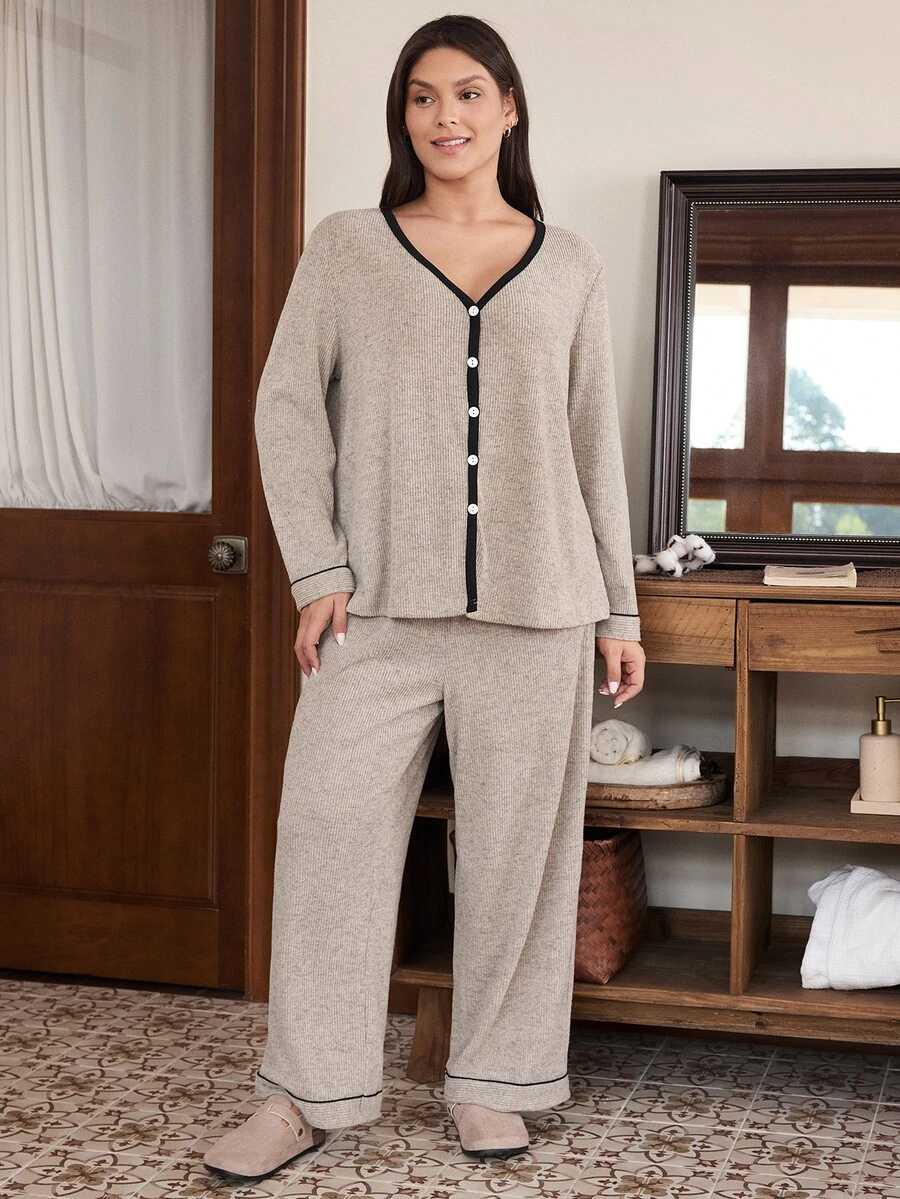 Doze Lane Casual Elegant Tropical Ribbed Contrast Trim Open Front V-Neck Long Sleeve Pants Plus Size Pajama Set Sleep Night Gray White Autumn - Khaki - View 1