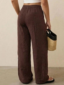 Dazy Plus Solid Color Loose Wide Leg Pants With Pockets, Casual Vacation Summer Long Pants - Brown - View 2