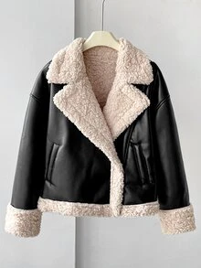 SHEIN 青少年女孩秋冬款 PU 人造毛一體長毛保暖夾克，加厚保暖內裡時尚街頭風寬鬆外套，黑色 - 黑色 - 查看 8