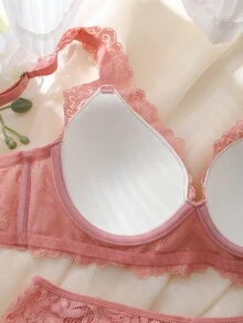 DelicateAllure 2 Peças Conjunto de Lingerie Feminina com Aro, Copo Moldado, Confortável, Balconette, Push Up, Alto Suporte, Renda e Patchwork, Rosa - Rosa chiclete - Visão 6