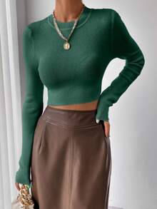 SHEIN Autumn Casual Solid Color Cropped Sweater - Dark Green - View 3
