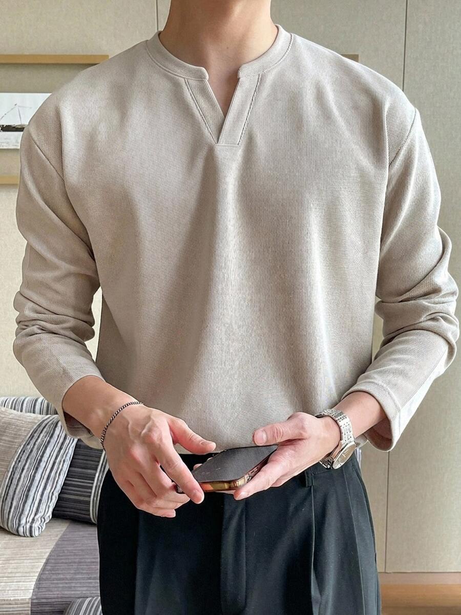 DAZY 春秋款小V領長袖針織刷毛布料寬鬆舒適杏色男士T恤 - 杏色 - 查看 1