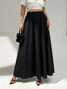 Auralis Plus Size Women's Solid Color Elastic Waist Casual Commute Skirt - Black - View 5
