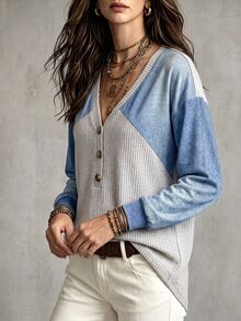 SHEIN LUNE 女款極簡風鈕扣半開襟長袖拼色T恤 - 彩色 - 查看 3