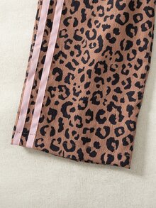 SHEIN Playful Pals 女童燈芯絨豹紋撞色織帶飾邊極簡時尚長褲 - 棕色 - 查看 4