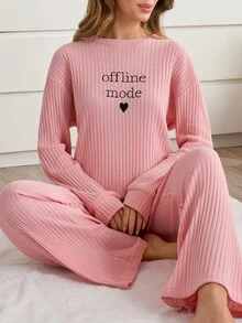 SHEIN Minimal Letter Graphic Ribbed Sleepwear Co-Ord - Pink - View 4