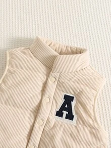 SHEIN 男嬰刺繡字母拼接小立領無袖加厚背心，百搭舒適，秋冬款 - 藍色 - 查看 4
