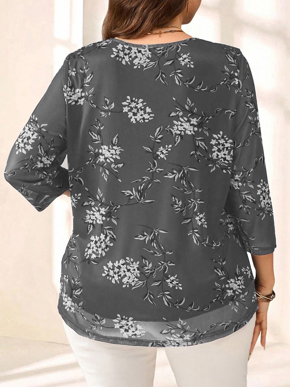 Plus Size Women Navy Floral Print 3/4 Sleeve Shirt,Summer Outfits For Women
