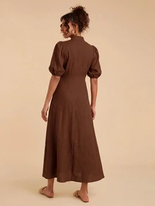 Travachic Women's Solid Color Short Petal Sleeve Single-Breasted Elegant Casual Dress - Brown - View 3