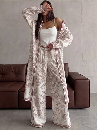 SHEIN Clasi Conjunto de duas peças para mulher com camisa comprida e calças brancas e rosa claro com estampado floral, roupa elegante para o dia a dia no outono, conjunto casual estampado para escritório, camisa solta elegante e calças largas, roupa casual