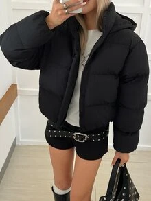 Livesso Women's Winter Black Hooded Drawstring Long Sleeve Thick Padded Pocket Decor Loose Padded Coat - Black - View 5