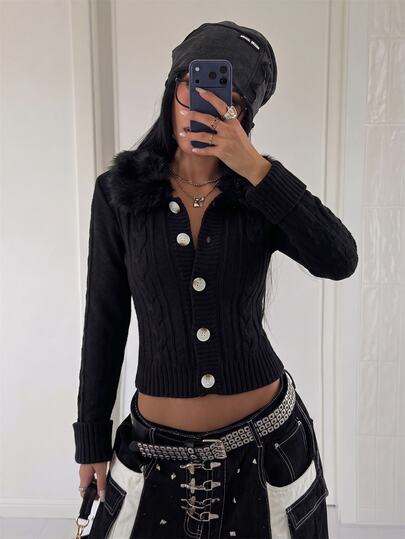 Jeanoix Women Fuzzy Faux Fur Collar Cable Knit Cardigan, Slim Fit Button Front Short Cropped Knit Sweater Jacket, Fall Winter Y2K Coquette Long Sleeve Knit To