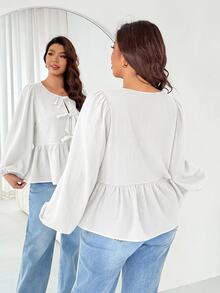 SHEIN Essnce Plus Size Elegant Bow Tie Tie-Up Ruched Blouse - White - View 3