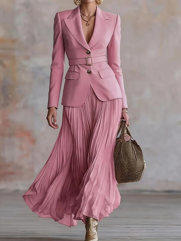 Omancia Autumn/Winter Standard Size Women's Pink Draped Blazer Set With Waist Belt + Pleated Long Skirt, 2 Pieces Outfit For Office And Date, Elegant Style