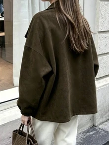 SHEIN PariChic 秋季服飾 深棕色大領寬鬆長袖百搭休閒夾克 通勤穿搭 外出穿搭 時尚上衣 辦公日常 - 軍綠色 - 查看 2