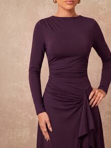 Lumalex Women's Long Sleeve Fitted Dress With Ruffle Hem, Asymmetrical Ruched Design And Side Slit HalloweenElegant Fashion Minimalist Casual Daily Commute - Red Violet - View 8