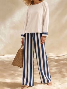Breezaya Autumn Long Sleeve Vacation Elegant Chic Textured Linen Round Neck Top Vertical Striped Wide Leg Pants 2 Pieces Set Off-White Blue And White - Blue and White - View 4
